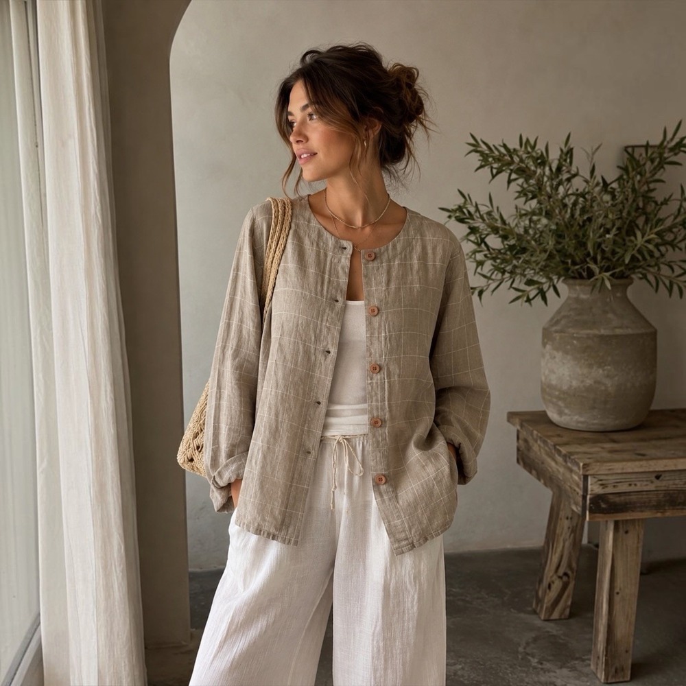 Hot Cotton by Marc Ware Linen Windowpane Button Front Blouse M Lagenlook
